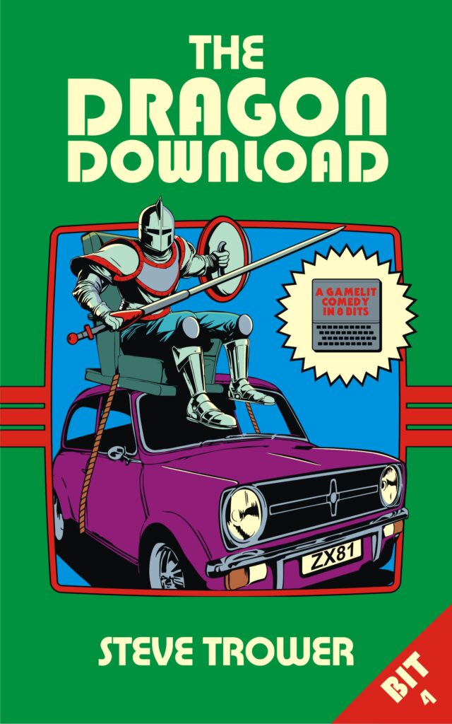 Cover art showing a knight in armour sat in a chair strapped to the top of a purple Mini 1275GT, bearing a lance and ready to joust.